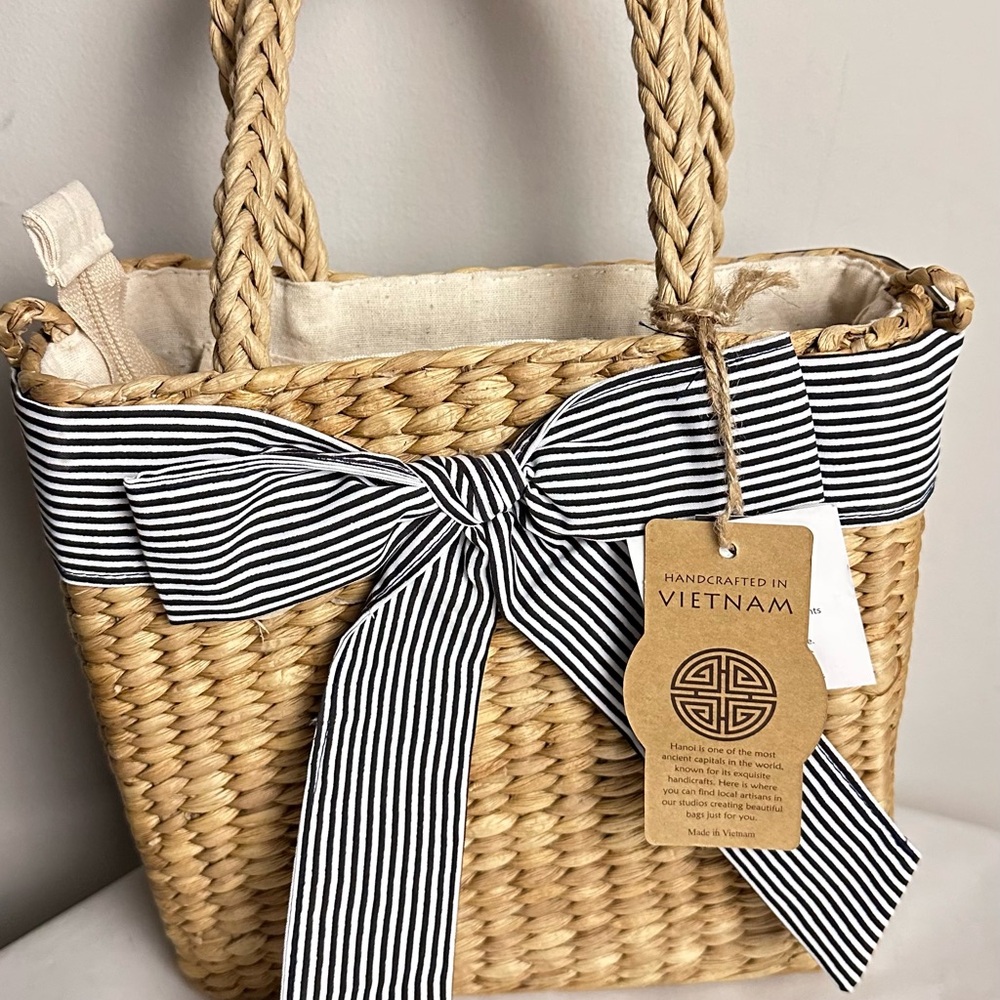Handcrafted Woven Tote Bag with Black and White Stripes